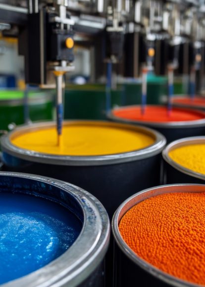 processo-industrial-de-mistura-de-tintas-com-baldes-de-tintas-coloridas