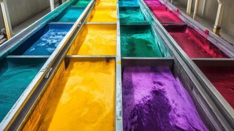 Experience the vibrant dyeing process in the textile industry, featuring colorful fabrics immersed in large vats, showcasing a blend of artistry and technology.