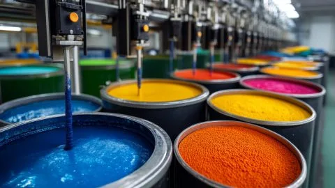 processo-industrial-de-mistura-de-tintas-com-baldes-de-tintas-coloridas